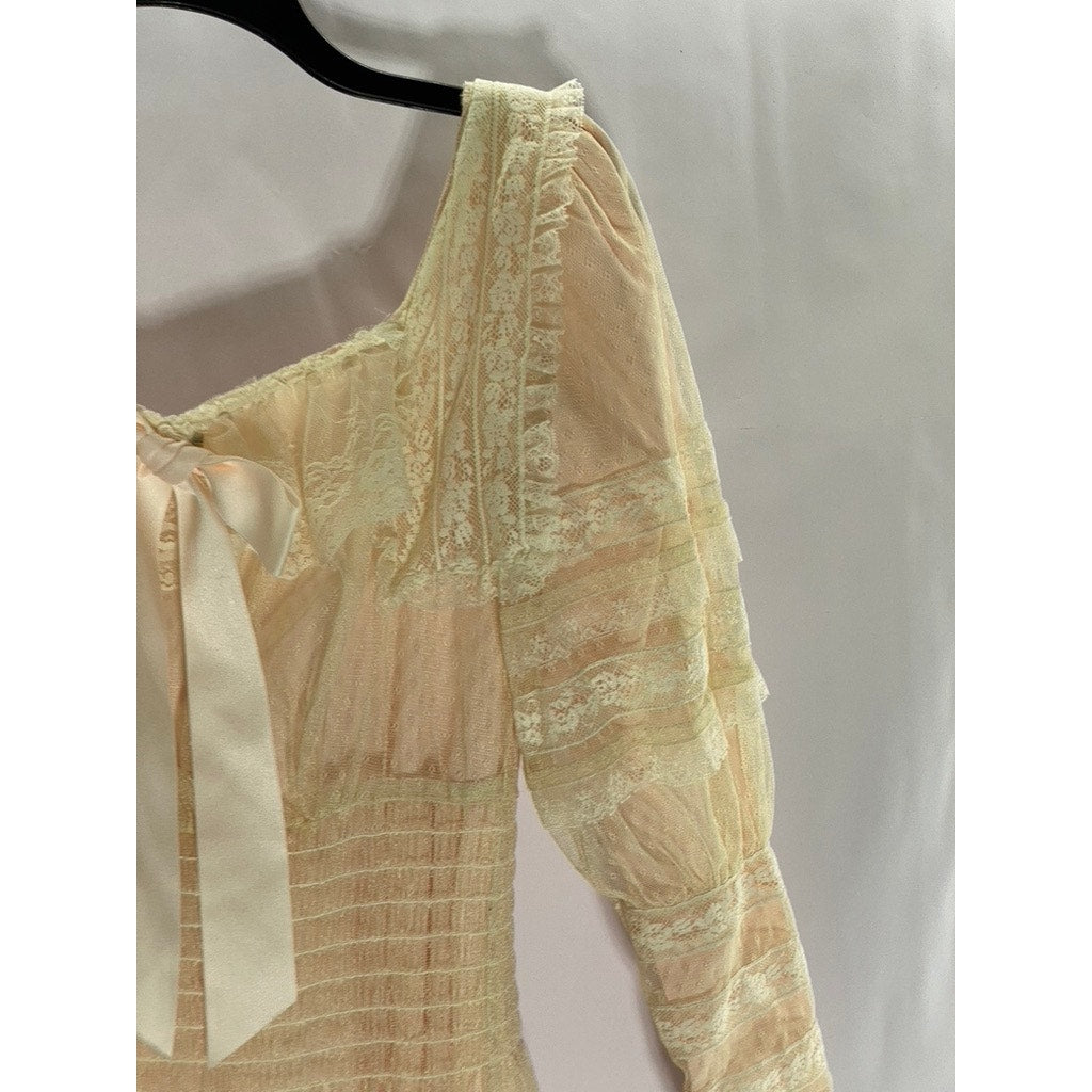 SWEET PICKINS Women's Beige Lace Boho "Vintage" Long Sleeve Prairie Dress SZ 0