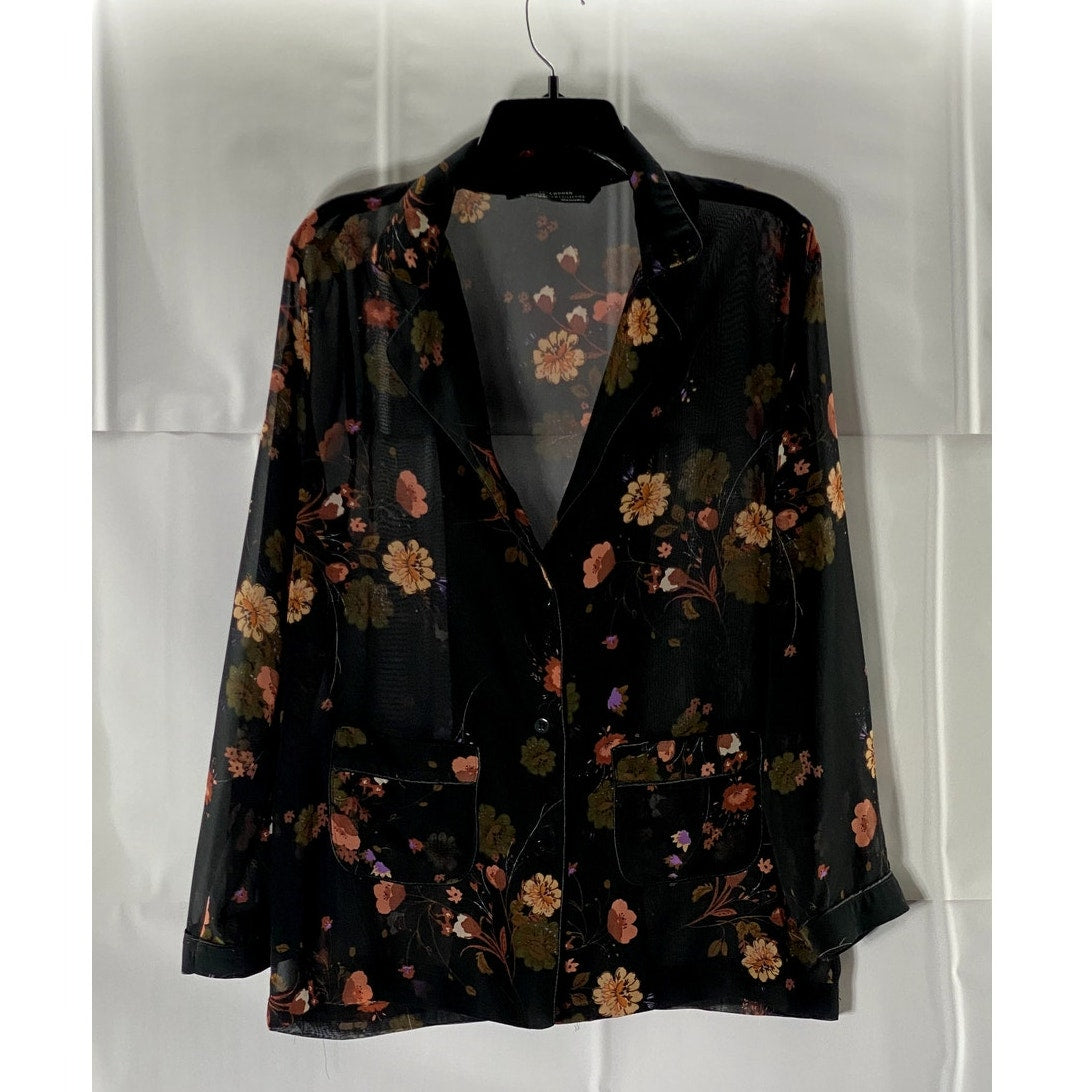 ZARA Women's Black Floral Sheer The Pyjama Long Sleeve Button Front Blouse SZ M