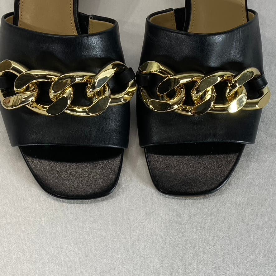 MICHAEL MICHAEL KORS Women's Black Leather Gold-Chain Link Block-Heel Sandal SZ8