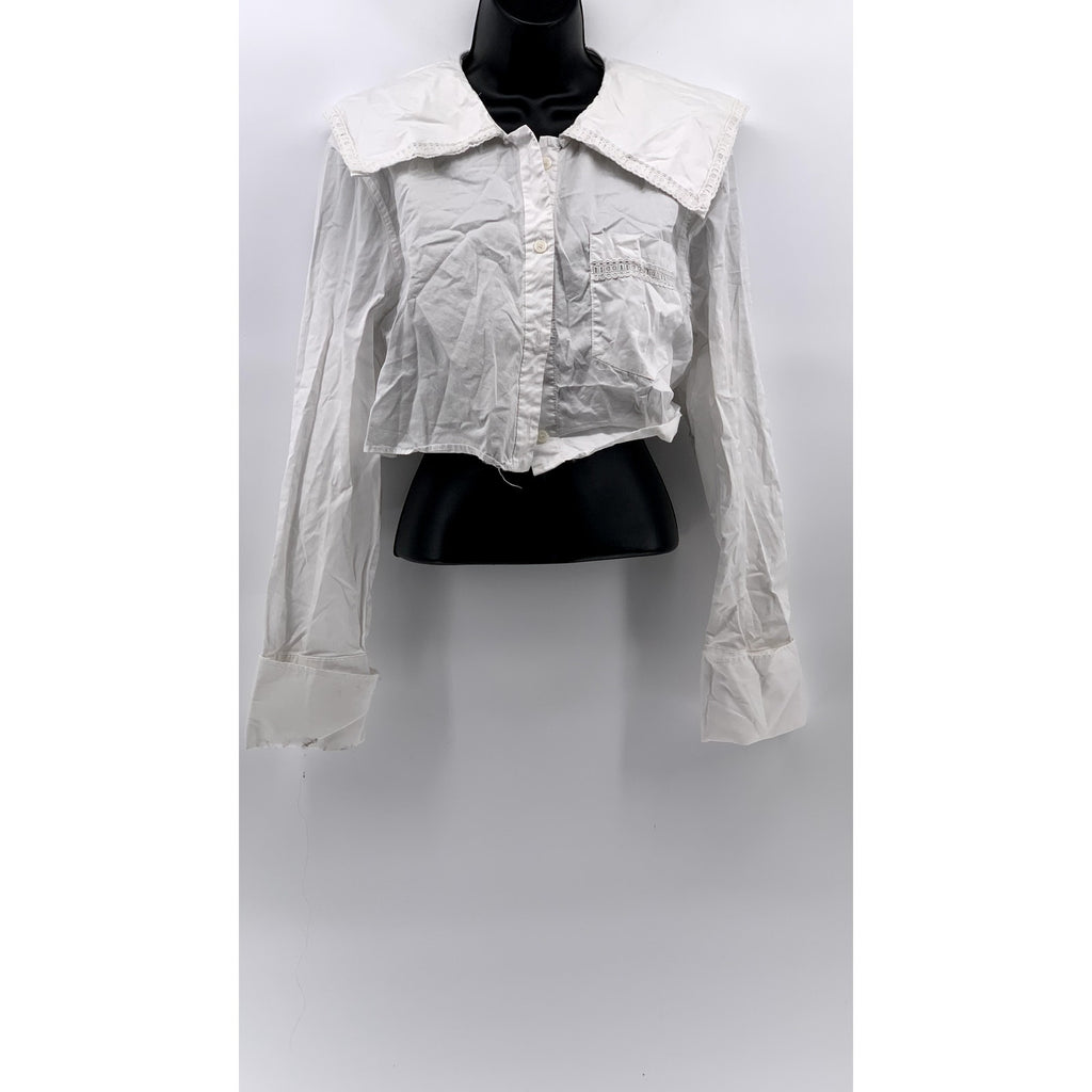 ZARA Women's White Embroidered Button-Up Long Sleeve Crop Top SZ M