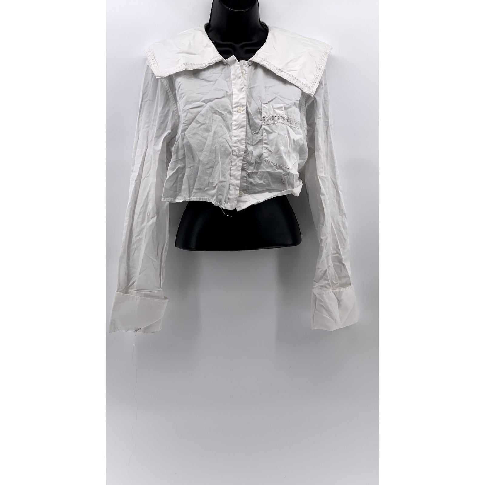 ZARA Women's White Embroidered Button-Up Long Sleeve Crop Top SZ M