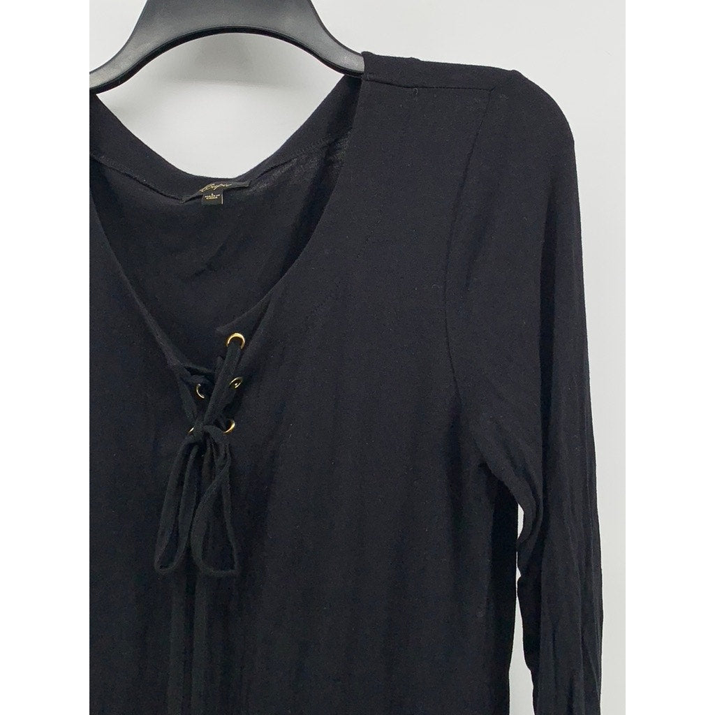 CUPIO Women's Black Lace-Up V-Neck Long Sleeve Top SZ L