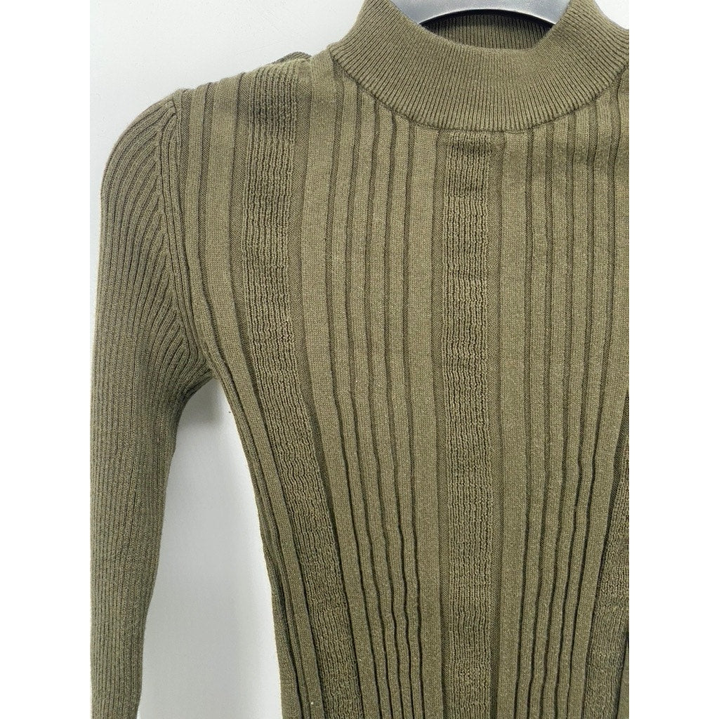 L.O.G.G. Women's Olive Green Ribbed Tab-Button Long Sleeve Turtleneck Top SZ XS