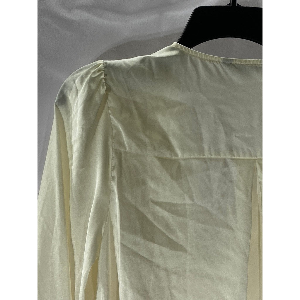 BANANA REPUBLIC Women's Cream Satin Faux Wrap Long Sleeve Hi-Low Top SZ L