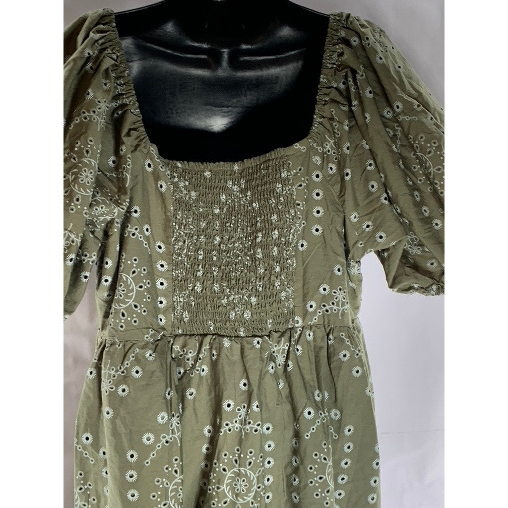 PRIMARK Women's Green Eyelet Keyhole Front Puff-Sleeve Maxi Dress SZ 12