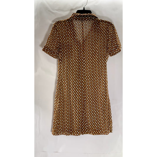 UNBRANDED Women's Brown Sheer Printed Short Sleeve Button-Front Shirt Dress SZ M