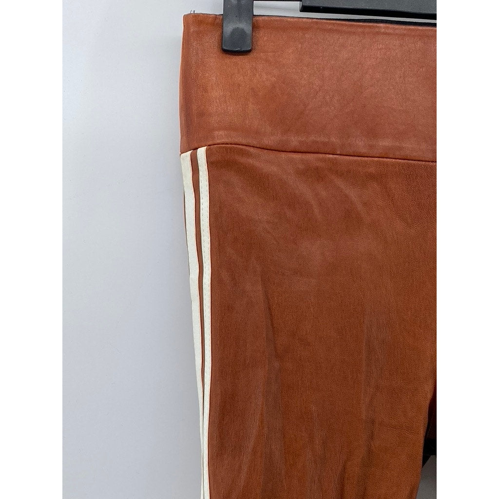 SPRWMN Women's Cognac-White Athletic Striped Capri Leather Leggings SZ S