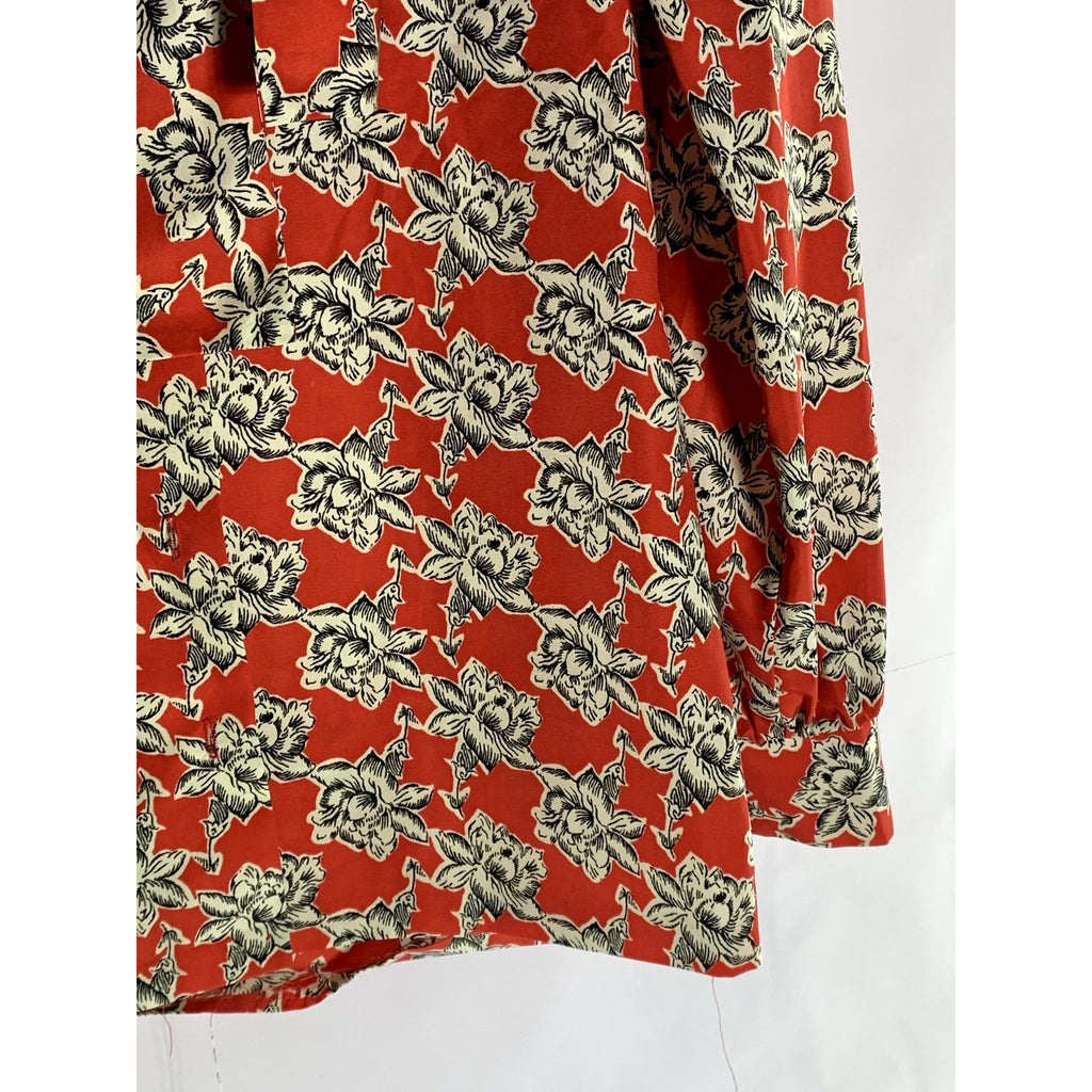 LUCKY WINNER Women's Red Floral Tie-Neck Long Sleeve Top SZ S