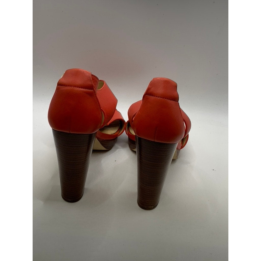MICHAEL KORS Women's Red Coral Leather Berkley T-Strap Platform Heels SZ 7