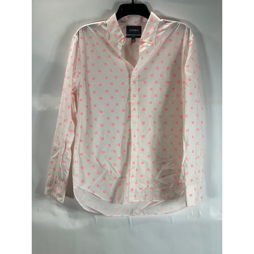 BONOBOS Men's Short White/Pink Printed Slim-Fit Button-Up Long Sleeve Shirt SZ M