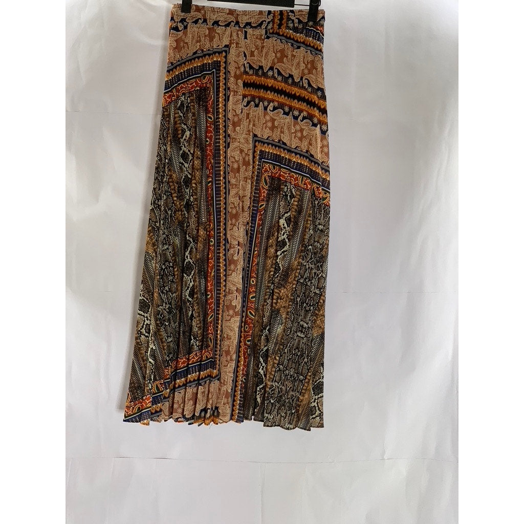 UNBRANDED Women's Tan-Multi Paisley Print Elastic-Waist Pleated Midi Skirt SZ XL