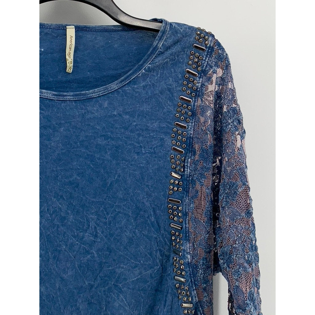 AMERICAN AGE Women's Blue Lace Long Sleeve Studded Top SZ M