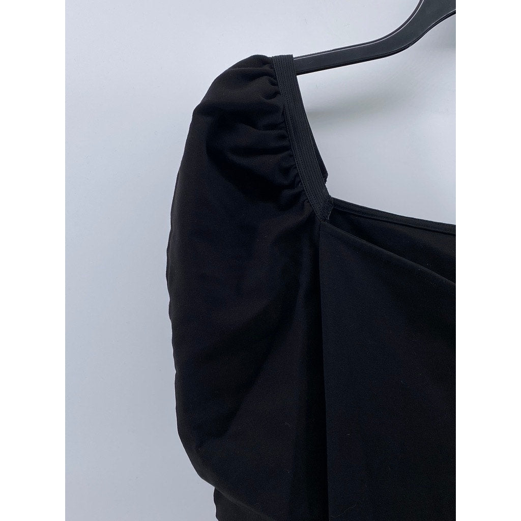 H&M Women's Black Solid Short Puff Sleeve Straight Neck Top SZ M