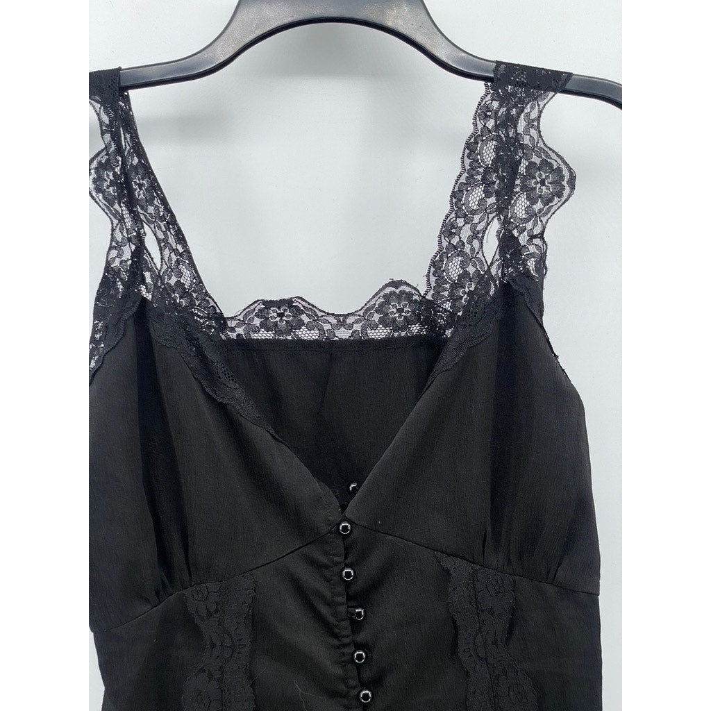 MISS XU Women's Black Lace-Trim V-Neck Button-Up Tank Top SZ S