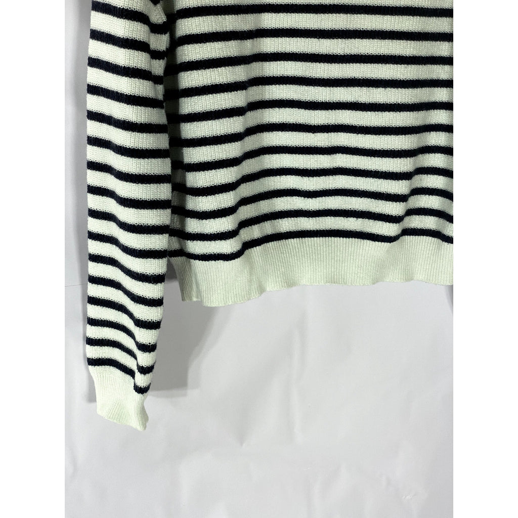 UNBRANDED Women's White-Black Striped Knit Button-Detail Wool-Blend Sweater SZXL