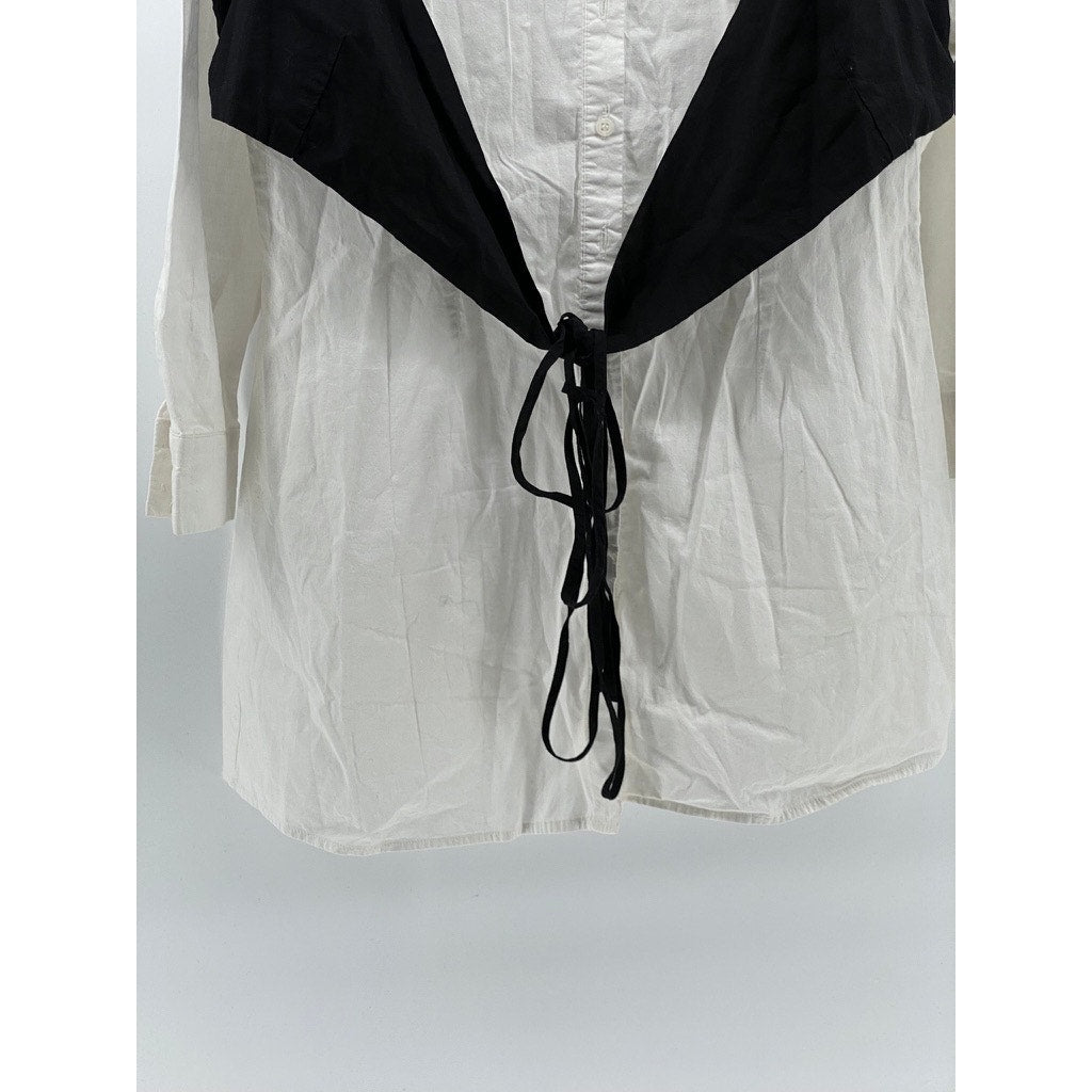 BLASHE Women’s White-Black Tie-Front Button-Up Long Sleeve Shirt Dress SZ L