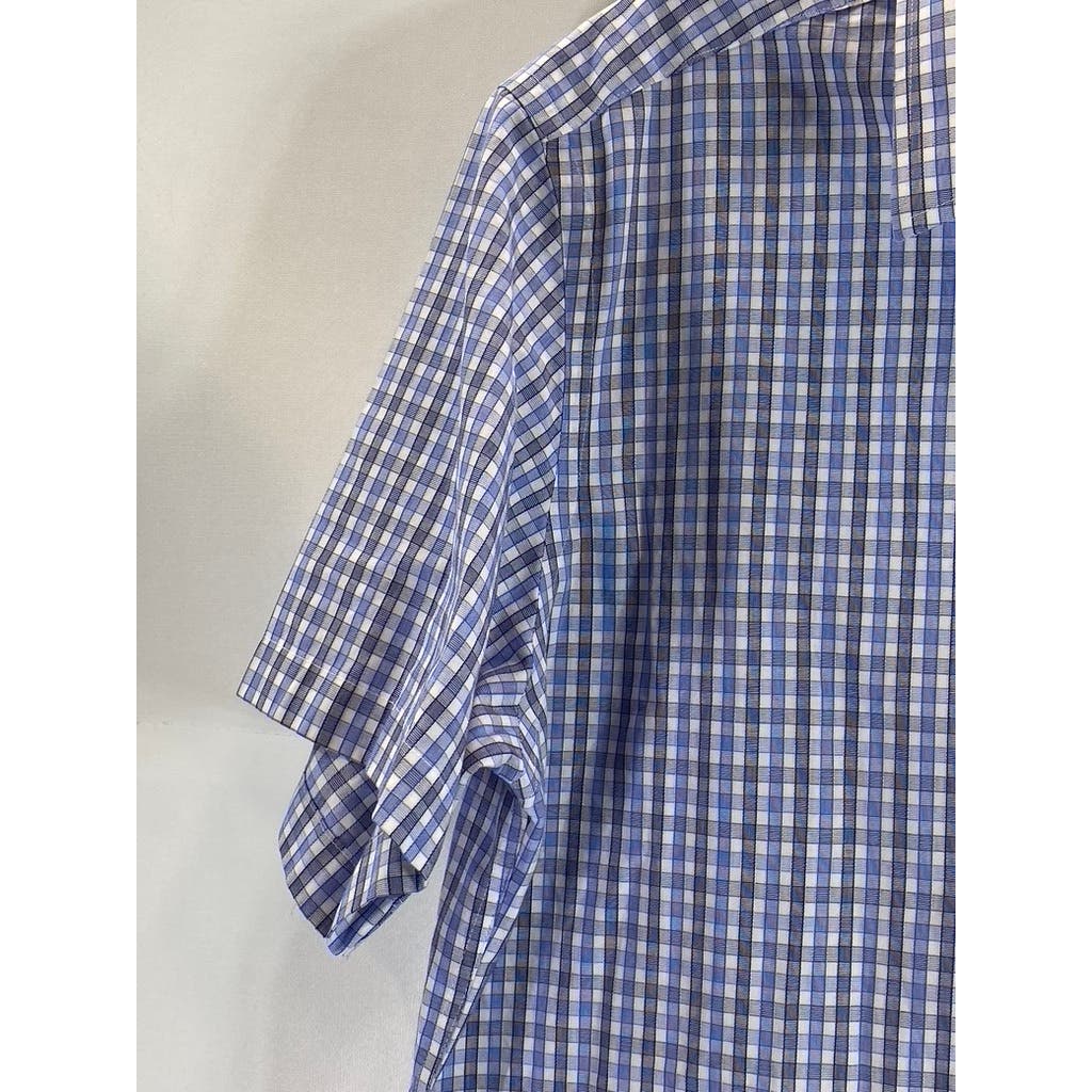 UNTUCKIT Men's Blue Micro Check Wrinkle-Free Short Sleeve Button-Up Shirt SZ L