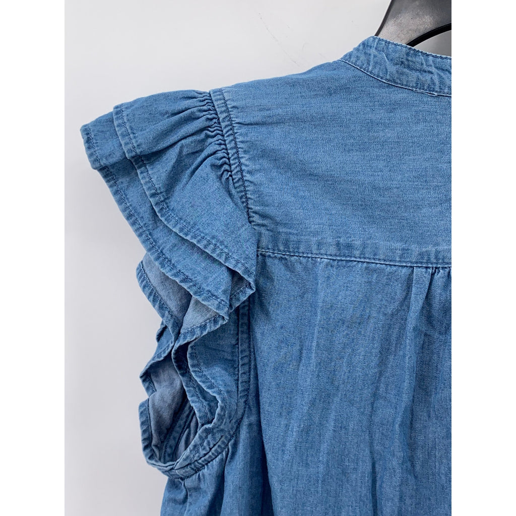 GAP Women's Blue Chambray Split-Neck Flutter Short Sleeve Top SZ S