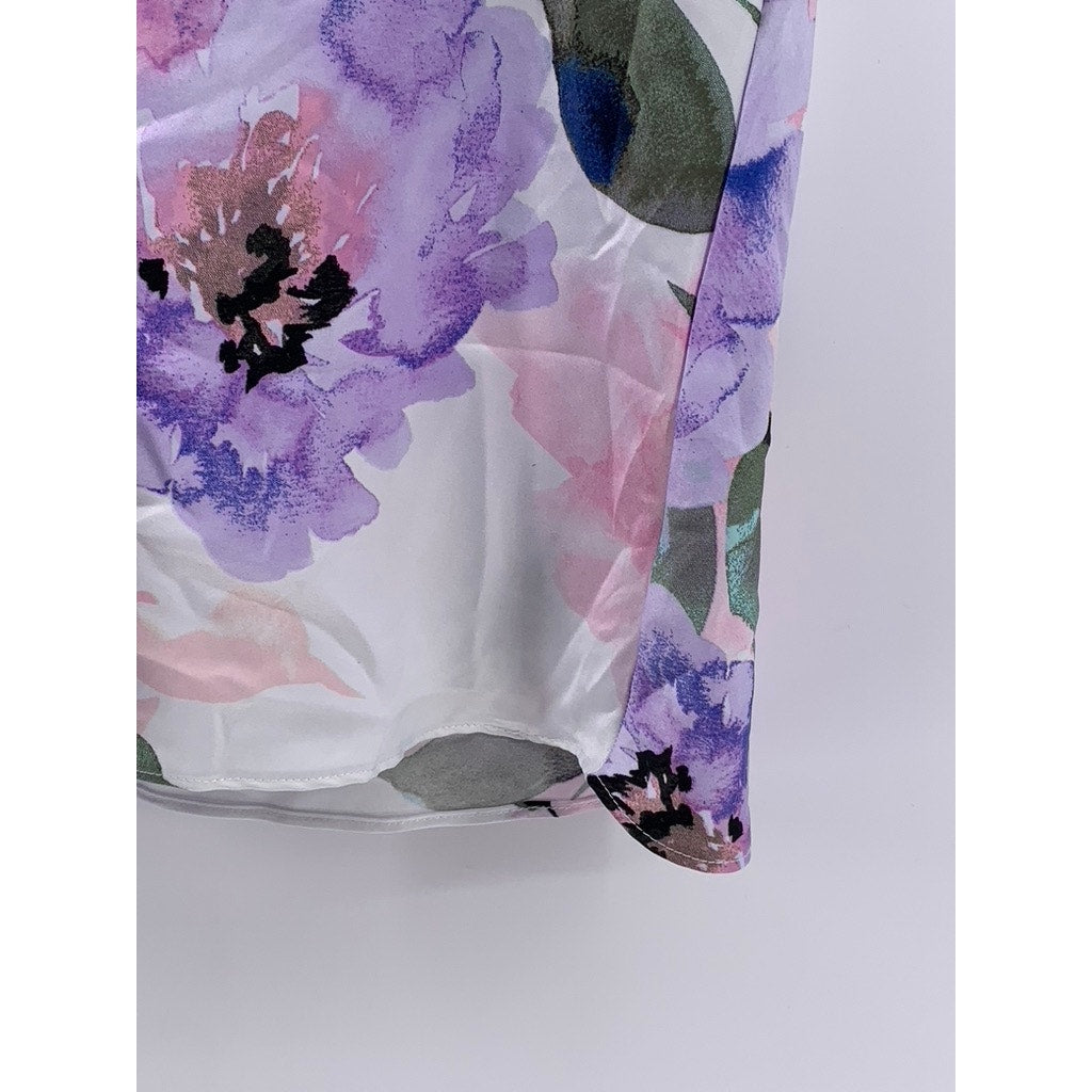 LILAC & LONDON Women's White Satin Floral Lace-Trim Sleep Top SZ L