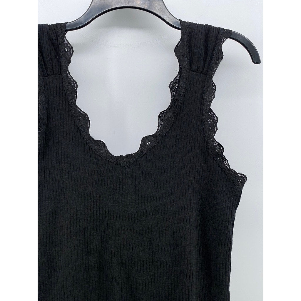 RIVER ISLAND Women's Black Wide-Rib Lace-Trim V-Neck Tank Top SZ 12