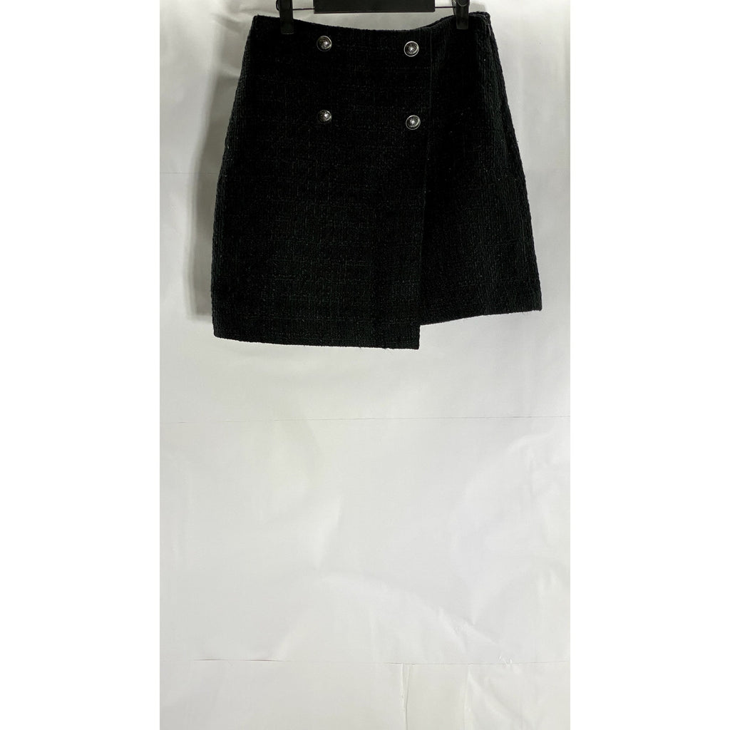 LOFT Women's Black Tweed Double Column Button Wrap Mini Skirt SZ 2
