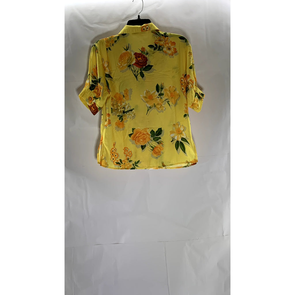 SIMPLE RETRO Women's Yellow/Orange Floral Print Short Sleeve Button-Up Top SZ S