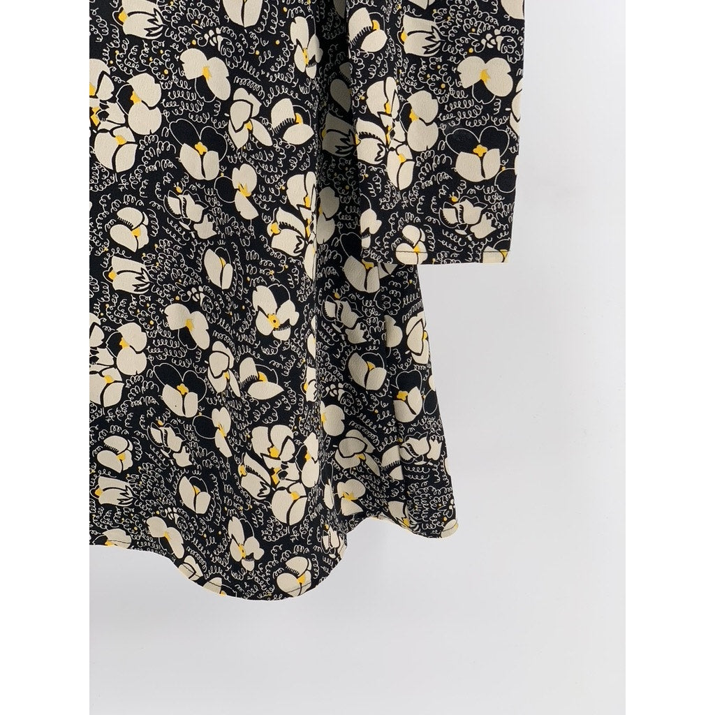 TOPSHOP Women's Black Floral Print Tie Neck Long Sleeve Mini Dress SZ 4