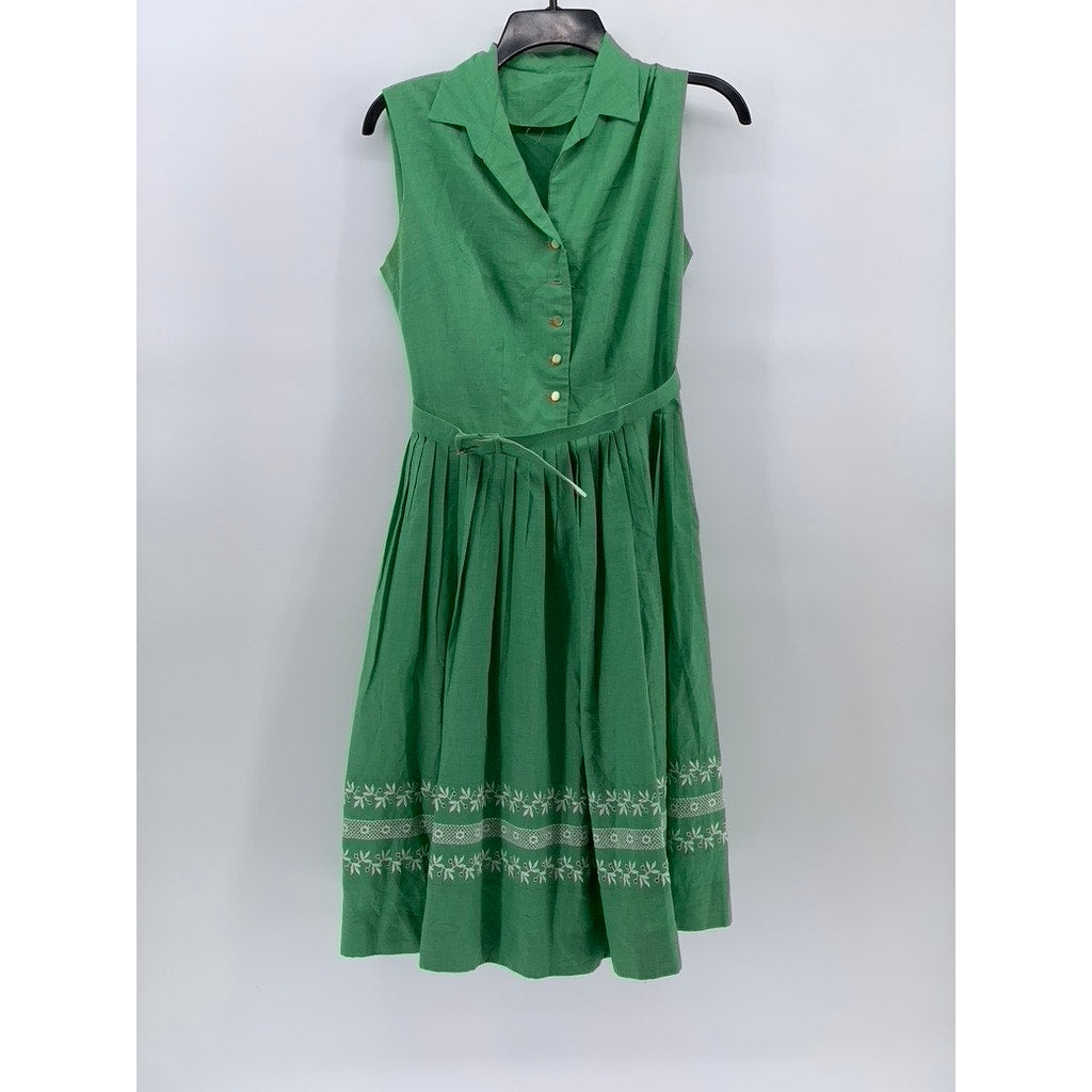 UNBRANDED Women's Green Knit Trim Sleeveless Belted Fit & Flare Midi Dress SZ 2