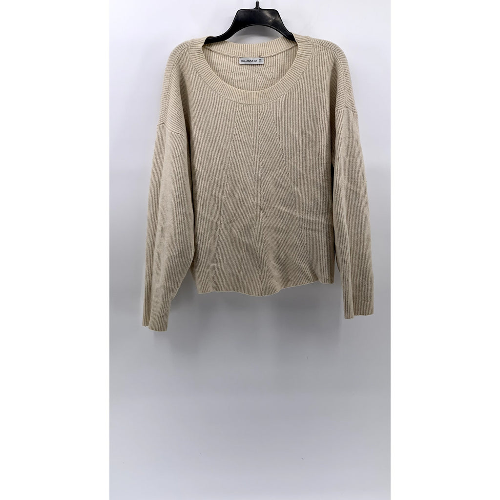 ZARA Women's Beige Rib Knit Scoop-Neck Sweater SZ M