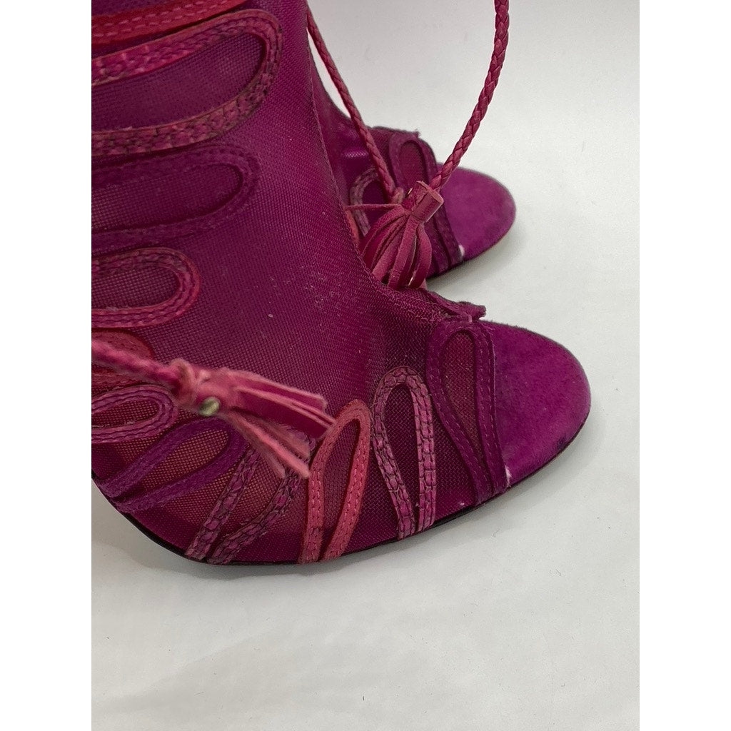 JIMMY CHOO Women's Magenta Kafira Mesh Peep-Toe Stiletto Booties SZ 38.5(US8.5)