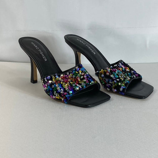 MARC FISHER Women's Black Multi Sequin Danria Square-Toe Stiletto Sandals SZ 6