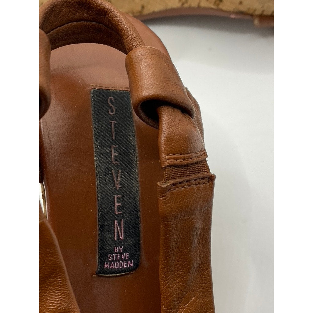 STEVEN BY STEVEN MADDEN Women's Brown Faux Leather Bow Cork Wedge Sandals SZ 7