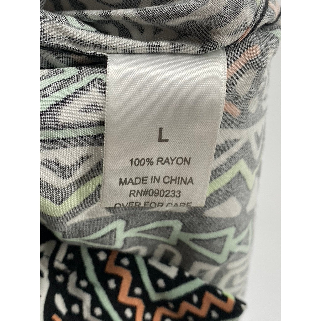 PACSUN Men’s Black-Multi Aztec Button-Up Regular-Fit Short Sleeve Shirt SZ L