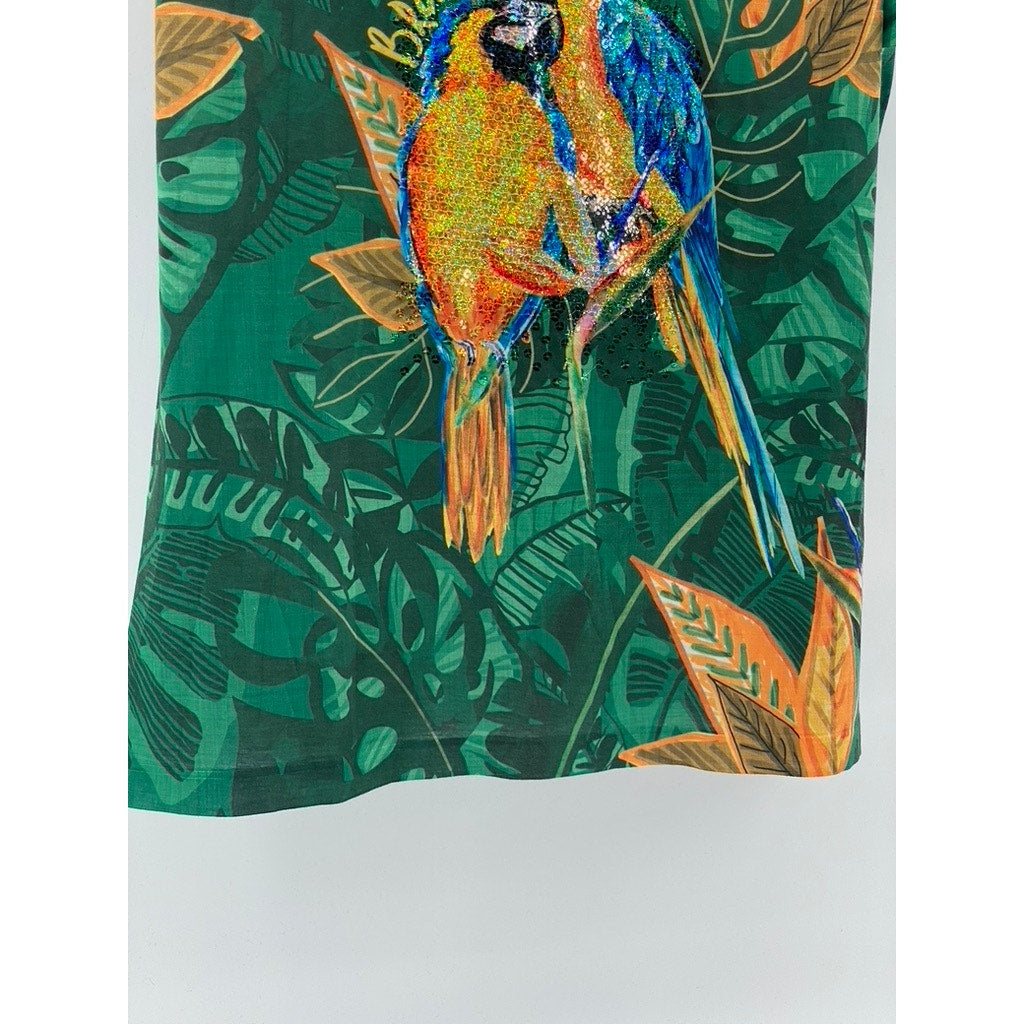 PIERIM Women's Green Sequin-Embellished Macaw Crewneck Short Sleeve Top SZ L