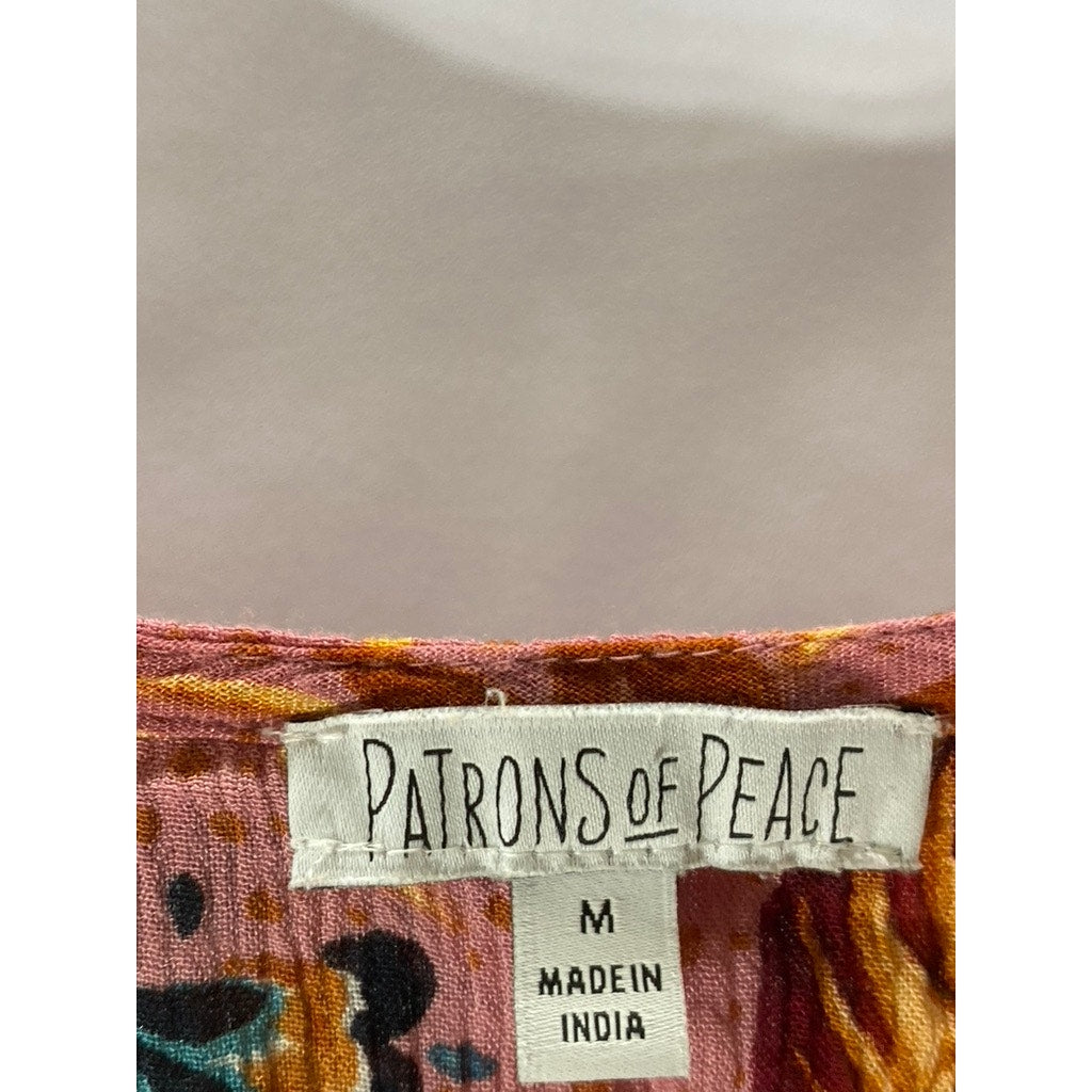PATRONS OF PEACE Women's Pink Leaf Print Tie-Knot Front Long Sleeve Top SZ M