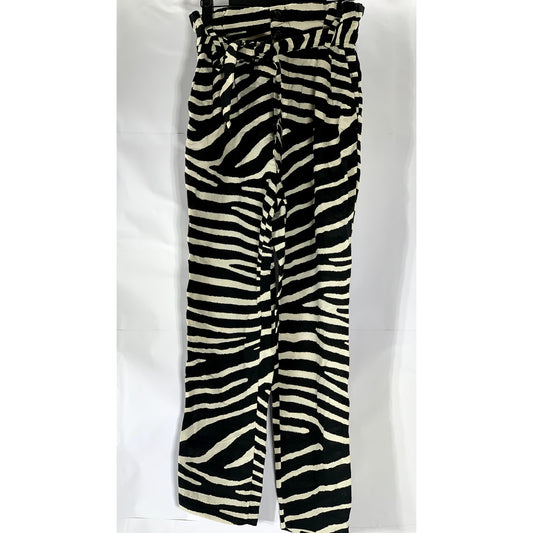 H&M Women's Black-White Zebra Linen-Blend High-Rise Belted Paper-Bag Pant SZ 4