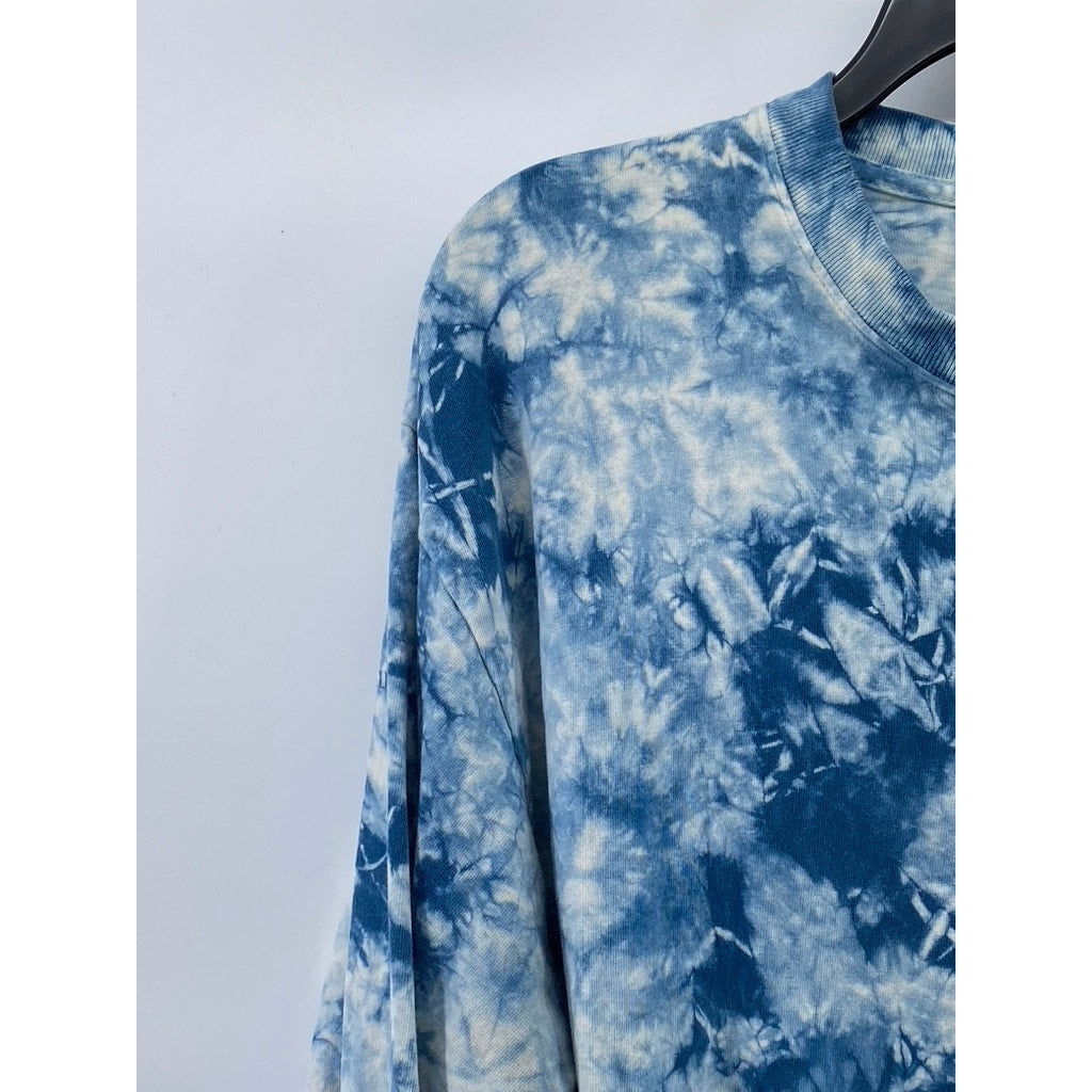BODEGA Men's Blue-White Tie-Dye Graphic Logo Crewneck Long Sleeve T-Shirt SZ L