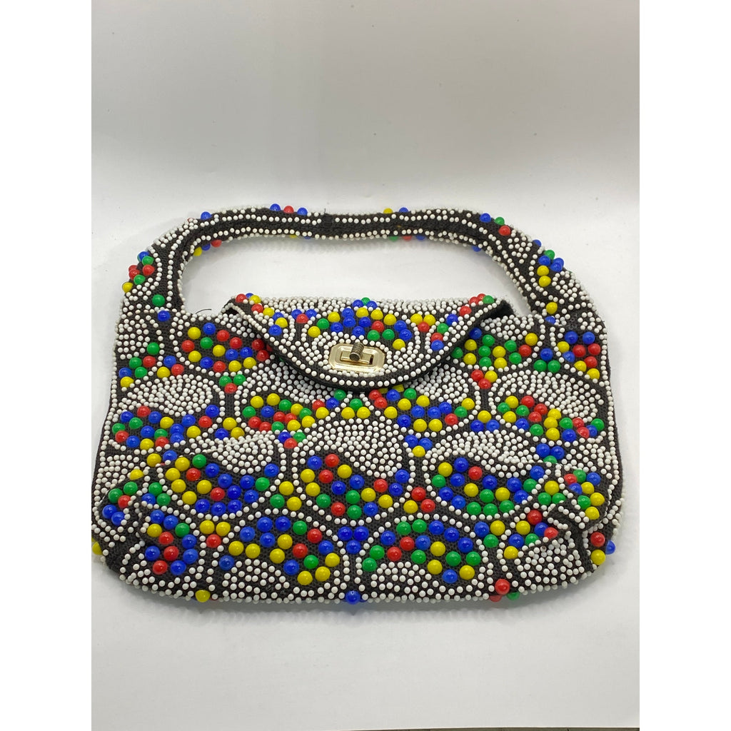UNBRANDED Women's Vintage Black-Multi Beaded Rainbow Ying-Yang Handbag