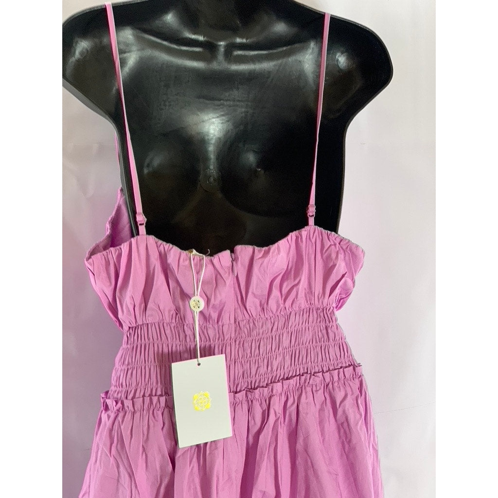 WAYF Women's Orchid Wisteria Smocked Tiered Adjustable Strap Midi Dress SZ M