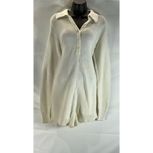 WEWOREWHAT Women's Beige Rib Knit Henley Long Sleeve Sweater Romper SZ S
