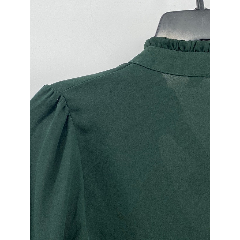 FOREVER 21 Women's Forest Green Semi Sheer Ruffle Tie-Neck Long Sleeve Top SZ S