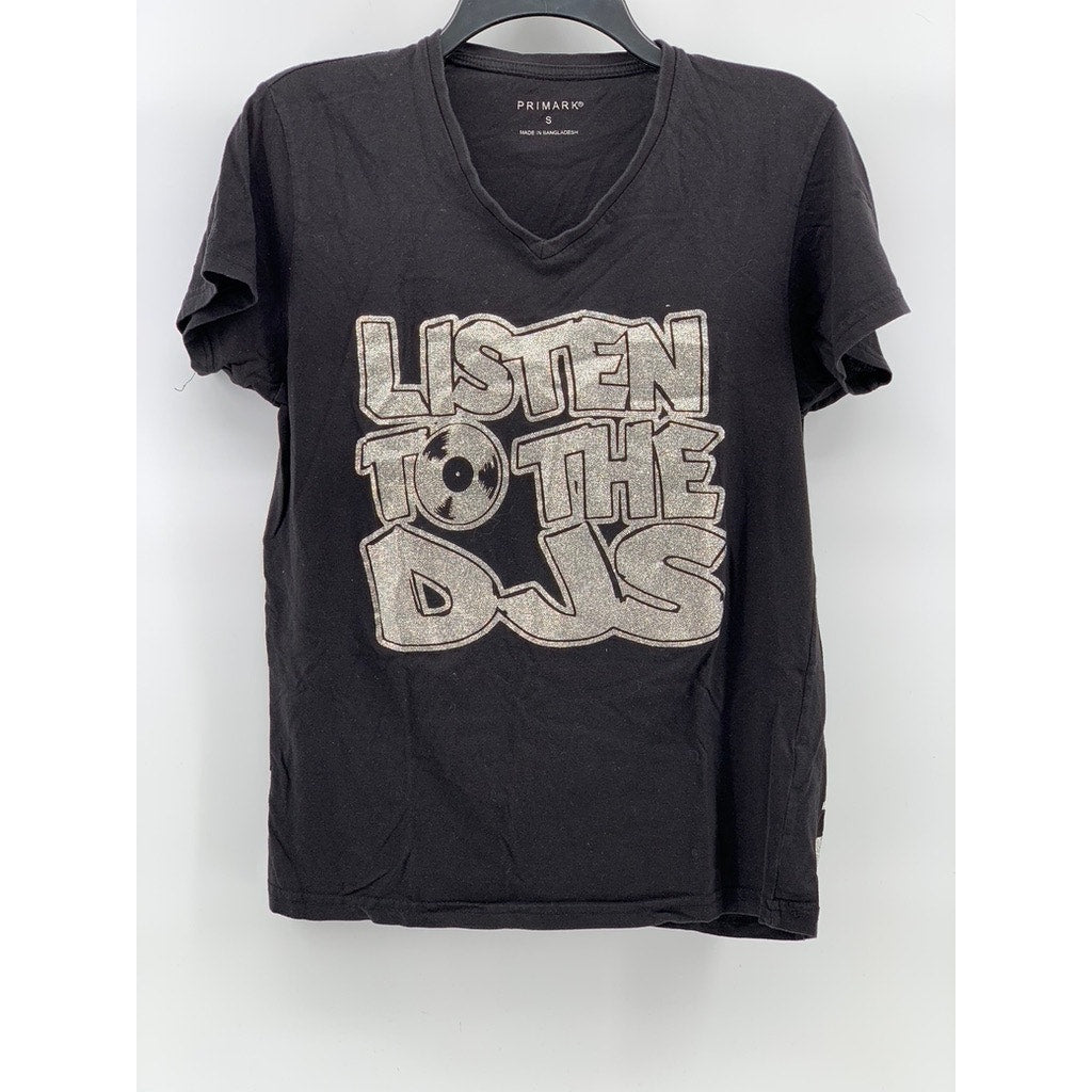 PRIMARK Women's Black V-Neck Listen To The DJ's Short Sleeve T-Shirt SZ S