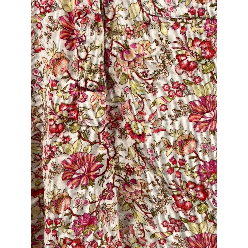 LANDS' END Women's White-Red Floral Corduroy Regular-Fit Button-Up Top SZ M