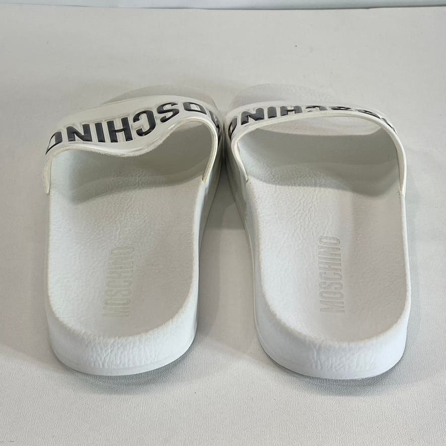 MOSCHINO Women's White/Black Oversized Logo Slip-On Pool Slide Sandals SZ 8