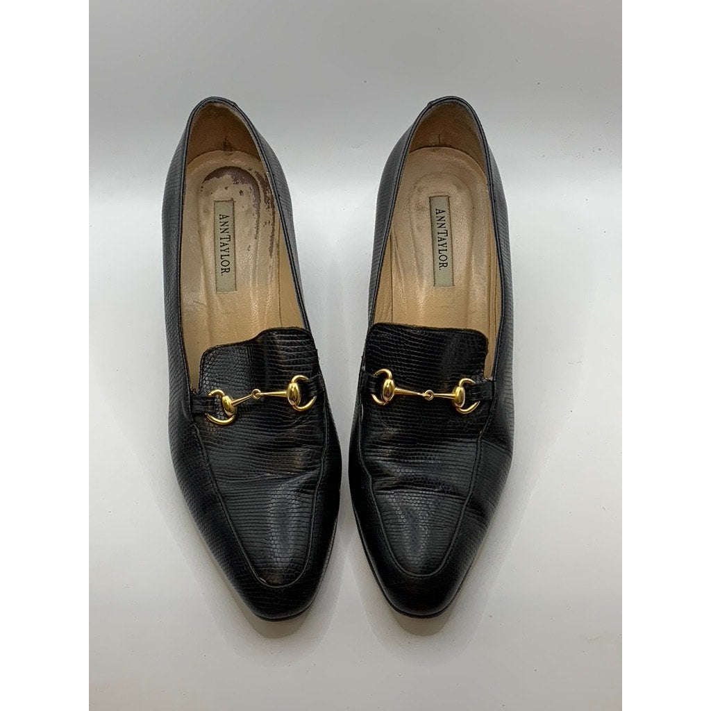 ANN TAYLOR Women's Black Textured Leather Horsebit Heeled Loafers SZ 8