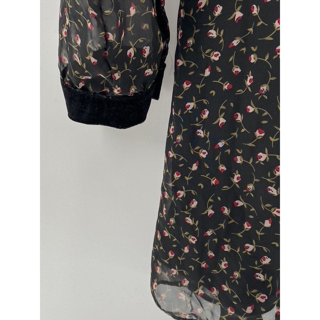 LUSH Women's Black Floral Velvet Tie-Neck Long Sleeve Ruffle Mini Dress SZ S