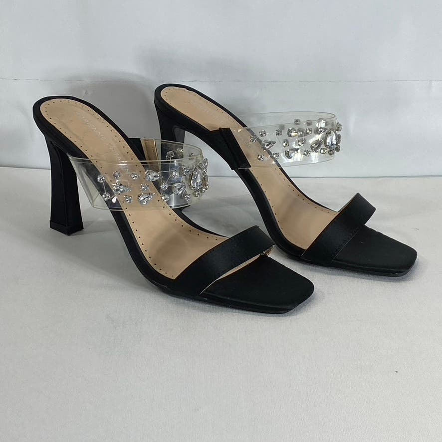 ADRIENNE VITTADINI Women's Black Rhinestone Gothic Block-Heel Sandals SZ 8.5