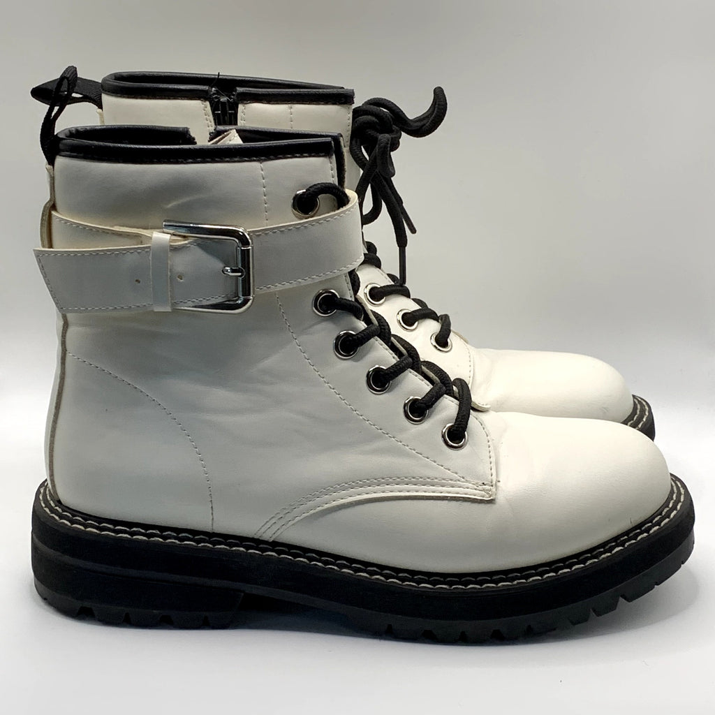 DUNES Women's White Chaplin Faux-Leather Side-Zip Lace-Up Combat Boots SZ 8.5