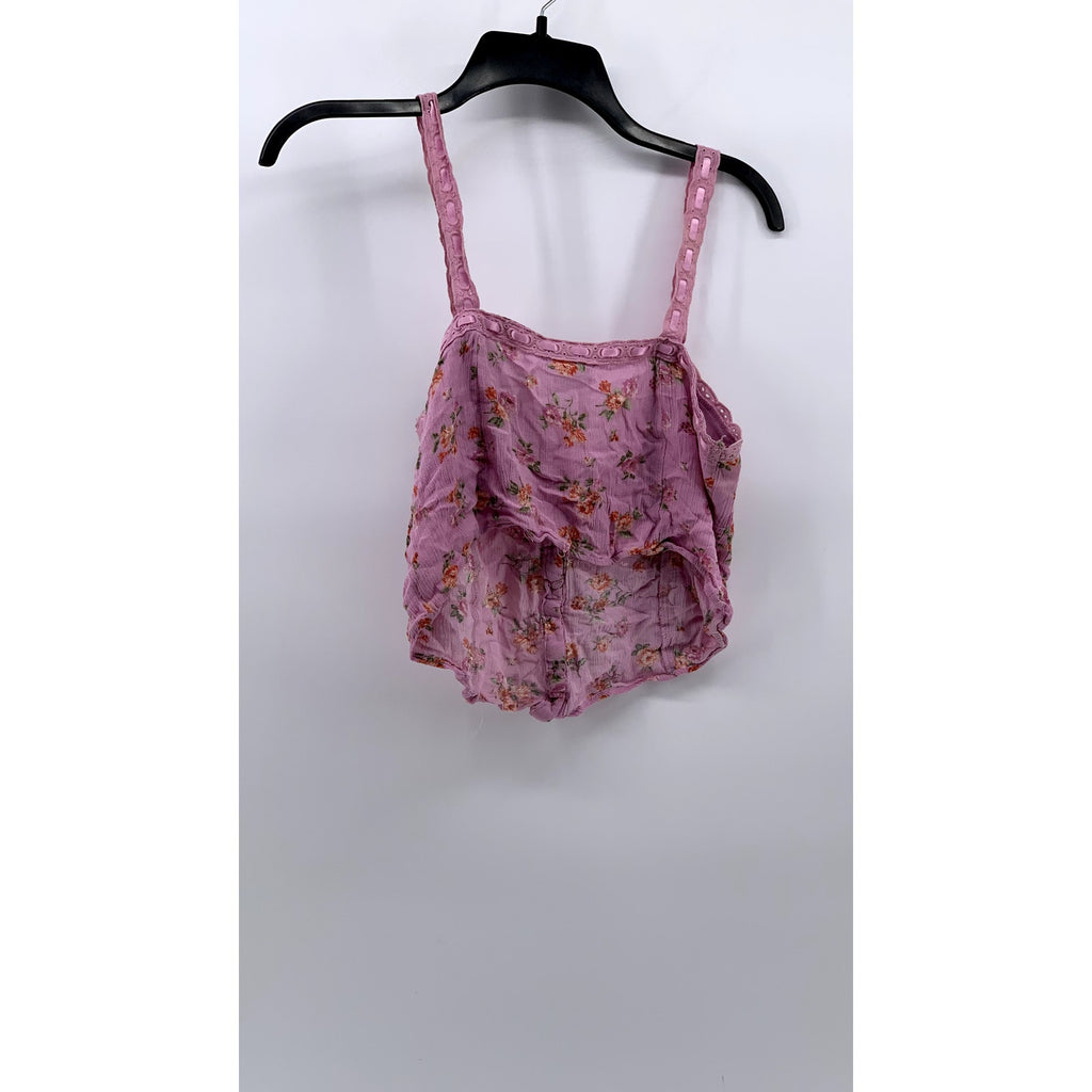 JUST POLLY Juniors' Pink Floral Printed Ribbon Trim Top SZ M