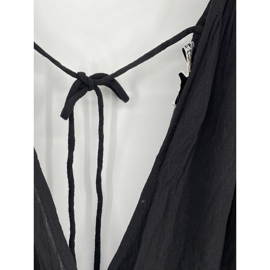 ASOS DESIGN Women's Black Crinkle Tie-Shoulder V-Neck Semi Sheer Romper SZ 8